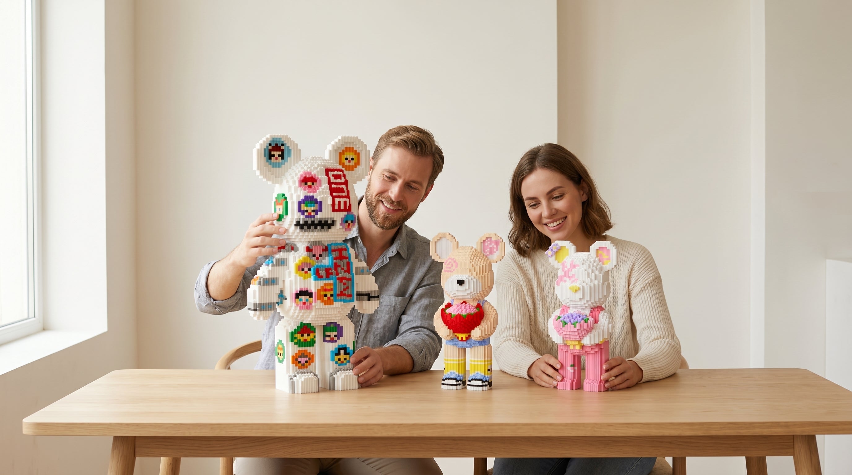 Adults arranging oversized buildable brick-bear display toys on a tabletop